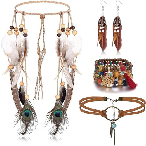 Eowppue Pack of 4 Hippie Schmuck, Feder Kopfschmuck, 70er Kleidung Damen, Vintage Boho Hippie Schmuck mit Kopfband Halskette, Stammes Kopfschmuck im Native American Stil B