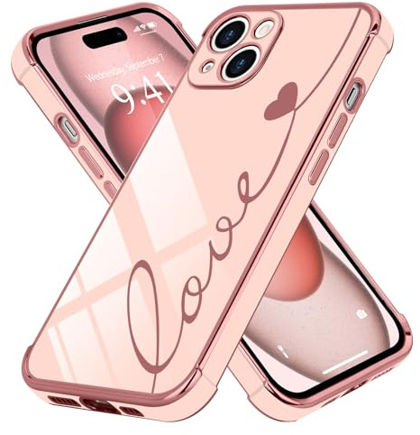 LCHULLE per iPhone 15 Cover Amore Cuore Ragazza Silicone,Rosa | Custodia con Motivo a Cuori, Galvanico Silicone Antiurto Cover per Ragazze e Donne,Protezione Fotocamera,Cute Love Case