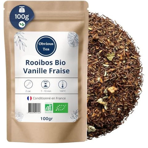 Rooibos Orgánico Vainilla Fresa - Té Rojo a Granel Vegano, 100% Natural, Sin OGM - Agricultura Ecológica - Envasado en Francia - Bolsa de 100 g (50 Tazas)