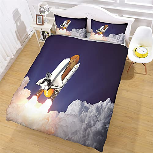Parure De Lit 3 Pièces avec Housse De Couette Imprimé De Microfibre Et 2 Taies d'oreiller, Ensemble De Literie 1 Personne pour Bébé/Enfant 140X200Cm, 3D Navette Spatiale Fusée Motif