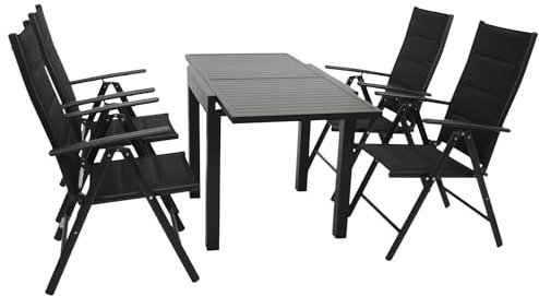 DEGAMO Gartengarnitur Alcudia 5-teilig, 4X Klappsessel aus Aluminium anthrazit und gepolstertem Textilgewebe in schwarz + 1x Ausziehtisch Aluminium 70/140x70cm, anthrazit