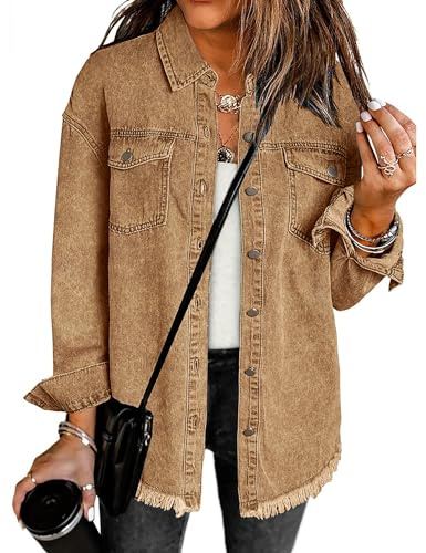 Vetinee Oversize Jeansjacke Damen Jacke Frühjahr Damen Braun Größe Large Passt EU Größe 42 bis EU Größe 44