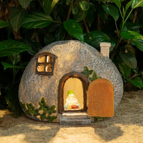 mopha Garden House Statues, Funny Gnomes Fairy Garden Lights Figurine,Mini Gnome Resin Solar Powered Outdoor Decor Patio Yard Lawn Ornament Decoration