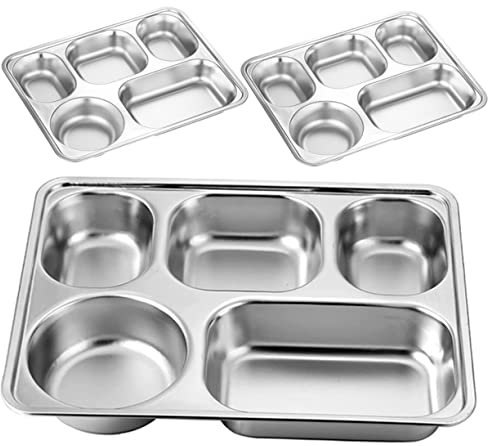 TOPBATHY 3piezas Bandejas De Acero Inoxidable Divididas Bandejas Rectangulares Resistentes Con Compartimentos Para Control De Porciones Uso Diario Comedor y Catering