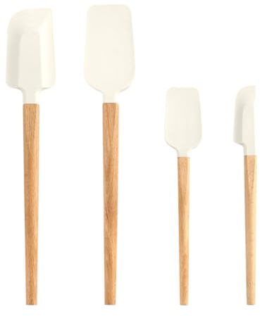 Bekecidi Lot de 4 spatules en silicone avec manche en bois - Résistantes à la chaleur - Ustensiles de cuisine en silicone pour la cuisine, la pâtisserie et le mélange (blanc)
