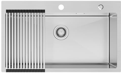 Auralum Lavandino Cucina 75 x 45 cm, Lavello Cucina 1 Vasca con Gocciolatoio, Lavabo Cucina Acciaio Inox da Appoggio con Troppopieno, Sifone e Set di Drenaggio