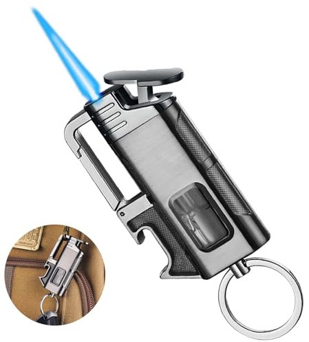 3 in 1 Sturmfeuerzeug mit Flaschenöffner und Schlüsselanhänger - Aufblasbares Gasfeuerzeug, Jet-Feuerzeug für Kerzen, Küche, Camping, Kamine - Männergeschenk (Butangasfrei)