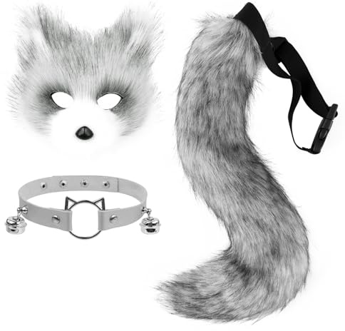 hbbhml Masque de renard en fausse fourrure loup chat queue moelleuse et collier en cuir ensemble accessoire de costume d'Halloween, taille unique