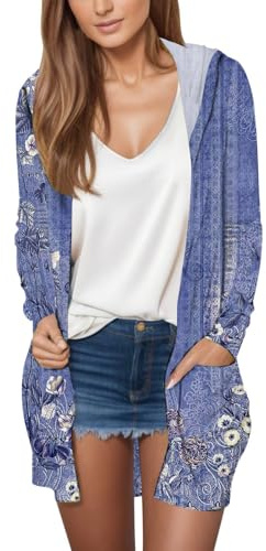 Dinglong Cardigan Donna Estivo Cardigan Donna cotonegiacca Corta da Donna Giacca Cardigan con Cappuccio con Cappuccio a Maniche Lunghe con Tasca Stampata Casual alla da Donna Giacca Corta da Donna