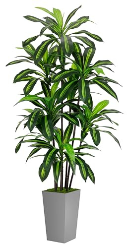 Artificial Dracaena Tree 6FT - Faux Tree with Gray Tall Planter - Fake Tropical Yucca Floor Plant in Pot - Artificial Silk Tree for Home Office Living Room Decor Indoor