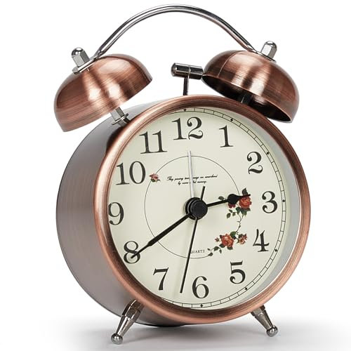 Larkumio Reloj despertador retro de campana fuerte para personas que duermen pesadamente, relojes despertadores para mesita de noche, funciona con pilas, reloj despertador silencioso sin tictac