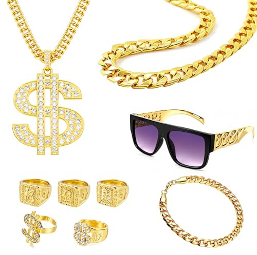 Zuhälter Kostüm Set, 80/90er Rapper Kostüm, Gangster Gang Outfit Herren | Vergoldete Hip-Hop Goldkette, Ringe mit chinesischen Zeichen & Dollar-Symbol, Herrenkette für Karneval, Halloween, Mottoparty