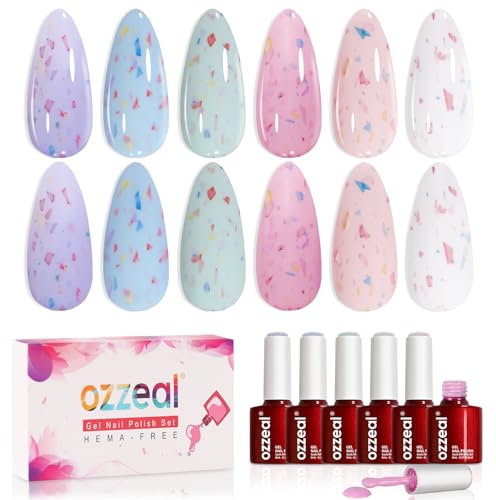 Pastel & Glitter Flake Gel Nagellack Set, 8ml Hema Free, 6 Farben (Eiscreme-Weiß,Grün,Rosa,Lavendel,Blau),UV Gel Polish Kit für Ostern, Frühling, Sommer, Gellack Salon und DIY-Nageldesign zu Hause
