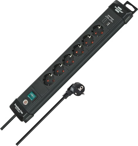 Brennenstuhl Premium-Line grenuttag 6-vägs med USB C PD 30W och USB A 18W (Made in Germany, grenkontakt med strömbrytare och 3m kabel, grendosa för väggmontering) svart