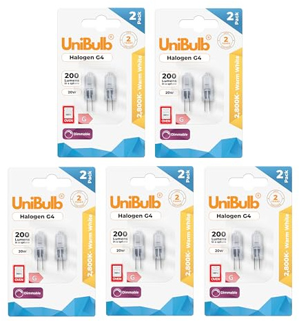 Unibulb G4 Halogen Capsule Light Bulb, 200 lumens, 20W, 2 Pin Base, 2800K (Warm White), 300℃ Heat Tolerant for Oven/Microwave, Dimmable, 2yr Lifespan (10)