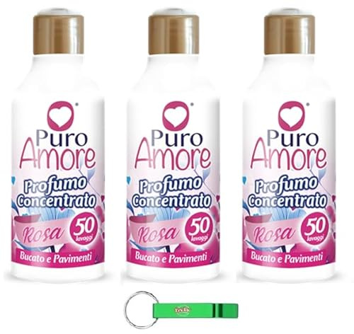 PURO AMORE Profumo Concentrato Rosa Bucato e Pavimenti Lot de 3 parfums concentrés à la rose pour le linge et les sols 50 lavages 250 ml + porte-clés Beni Culinari