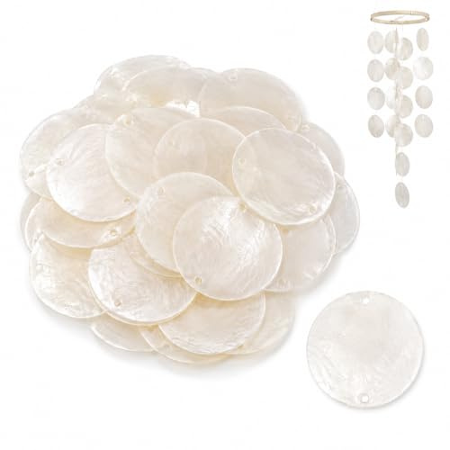 Gatuida 50 Stück Capiz Muscheln Runde Perlmutt Scheiben 5 cm mit Zwei Löchern Transparente Muschelscheiben für Windspiel Schmuck Basteln Maritime Raumdekoration Makramee Bastelset Dekorationen Künste