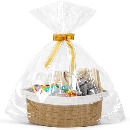 Hiseng Panier Cadeau Vide, Panier de Rangement Tissé en Corde Coton avec Sachet en Cellophane et Ruban, Panier Pliable avec Poignées pour Cadeaux de NoëL, Fleurs, Serviettes (Kaki,1)