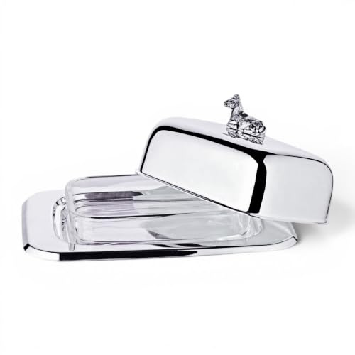 EDZARD Butterdose Kuh (13 x 18 cm, H 8 cm) Silberglanz-Finish | hochglanzpoliert, mit Glasschale, inklusive Buttermesser, für 250 Gramm Butter, Servierschale, elegante Tischdekoration