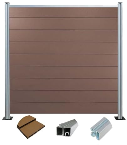 Woodstore24 WoodoZaun - WPC Sichtschutzzaun - Braun - 185 cm x 180 cm - Gartenzaun Komplettset - inkl. Pfosten Silber Eloxiert - 1x Zaun & 2x Pfosten