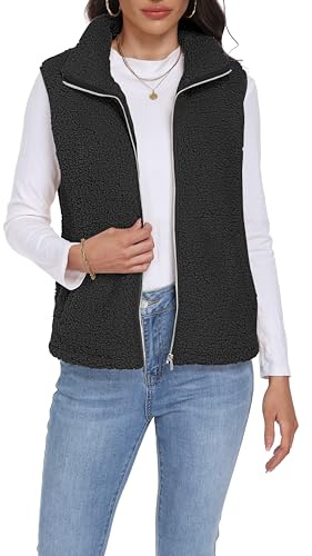 BDTECAOR Teddy Fleece Weste Damen Ärmellos Teddyjacke mit Stehkragen Leicht Casual Fellweste Einfarbig Herbstmantel Herbst Winter