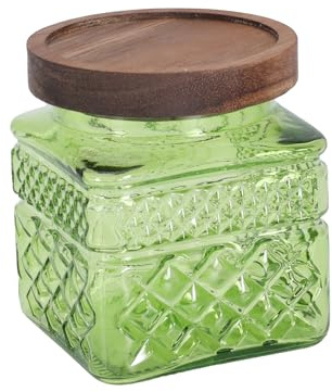 Punorric Candy Jar, 600ml Glass Sweet Jar with Wooden Lid, Airtight Sweet Jars for Candy Buffet, Round Biscuit Tin, Food Storage Container for Ground Coffee, Tea, Sugar, Nuts, BPA-Free(Green)