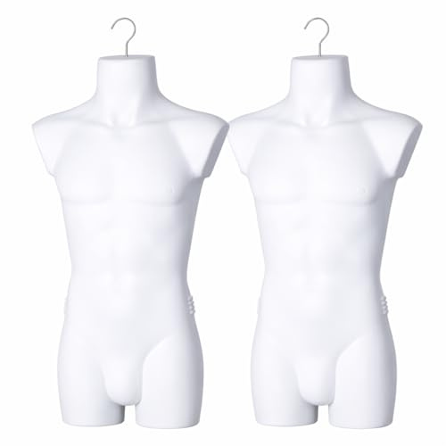 2er Set Torso männlich - Herrentorso lebensecht aus Kunststoff - Oberkörper Halbplastik in Farbe Weiß - Mannequin Büste - Halbschale Herrenbody - Schaufensterpuppe mit Haken - 2 Stück Dekotorso