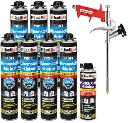 Isolbau Lot de 7 tubes de colle isolante B2 - 750 ml de colle périmétrique, 1 nettoyant en mousse polyuréthane et 1 pistolet à mousse pour plaques EPS et XPS - Mousse adhésive en polyuréthane 1K pour