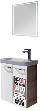 FACKELMANN Milano Gäste WC Set 5 Teile/Waschbecken/Waschbeckenunterschrank/Waschbeckenbeleuchtung/Armatur/LED-Spiegel/Badmöbel Set/Korpus: Braun hell/Front: Weiß/Breite: 55 cm