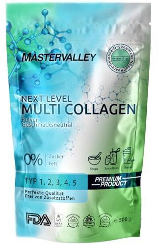 Mastervalley® Collagen Pulver [500g] Weidehaltung | Kollagen Hydrolysat | Peptide Typ 1 2 3 4 5 | Multi Collagen Complex | Geschmacksneutral+optimale Löslichkeit | Kollagenpulver Glow | Laborgeprüft