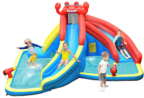 HONEY JOY Inflatable Water Slide, Crab Theme Blow Up Water Park Bounce House for Backyard, Climbing Wall & 2 Slides, Indoor Outdoor Waterslides Inflatables for Kids and Adults(Without Blower)