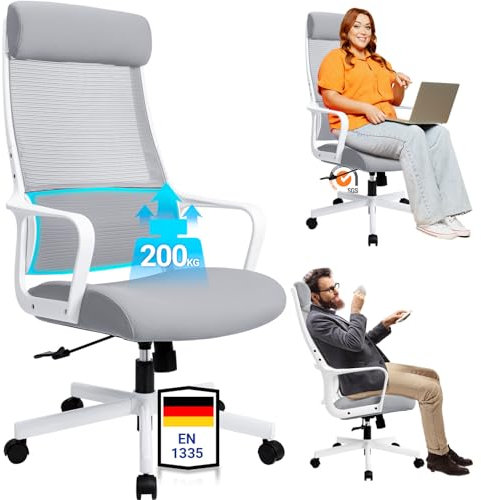 MELOKEA Bürostuhl Ergonomisch, Schreibtischstuhl mit Verstellbarer Kopfstütze, Breites Sitzkissen, Lendenwirbelstütze, Bürostuhl 200 kg, Mesh Stuhl, Home Office Chair, EN 1335 Computerstuhl, Grau
