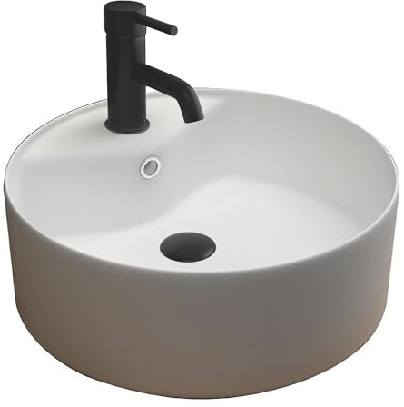 Alpenberger Rundes Schalenbecken | Aufsetzbare Waschschale aus Keramik | Mini Waschbecken Gäste WC | Waschbecken mit Lotuseffekt | Aufsatzbecken Klein mit Hahnloch und Überlauf | Badkeramik Modern