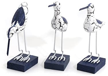 Flanacom Dekofiguren 3er Set aus Holz - Reiher stehend weiß blau - Maritime Bad Deko Vogel - Schöne Badezimmer Accessoires - Dekoration für Regal, Sideboard, Fensterbank