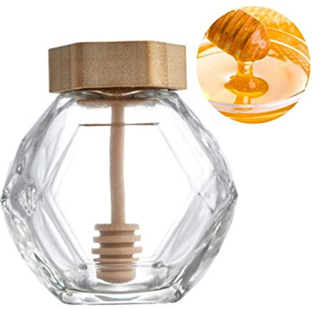 Yiyifor Vaso per miele da 200 ml,1pcs Barattolo di Miele in Vetro Trasparente con Coperchio in Legno e Tappo in Sughero Vuoto Ricaricabile per la Casa e la Cucina (Mini)
