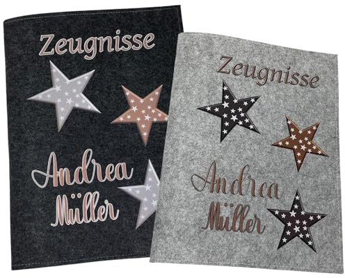 Zeugnismappe mit Namen - Mädchen und Jungen - Personalisiert Filz A4 Sterne Braun - Dokumenten Urkunden Mappe Kinder - Hefter Zeugnisse - Sichtbuch
