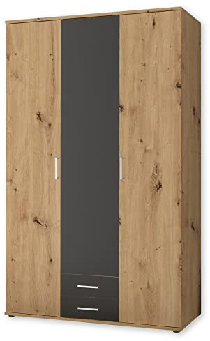 MARBURG Kleiderschrank in Artisan Eiche Optik, Graphit - Vielseitiger Drehtürenschrank 3-türig für Ihr Schlafzimmer - 120 x 196 x 54 cm (B/H/T)
