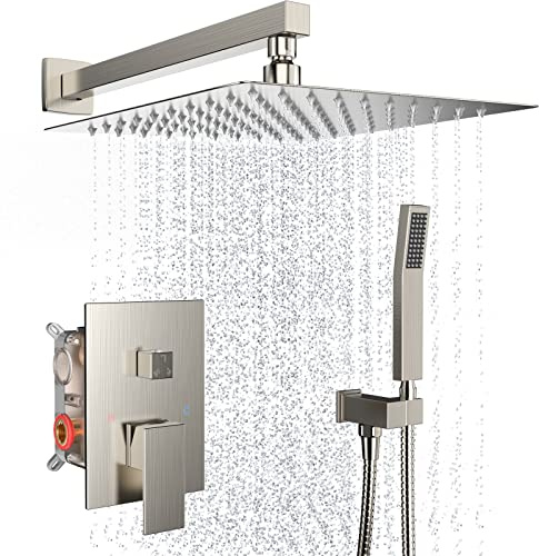 Dlvsoby Brushed Nickel Rain Shower System Faucet Set with Handheld, 10 inch | Solid Metal Wall Mount Rainfall Shower Set with Safe Anti-Scald Valve, Air Injection High Pressure Water Saving Combo