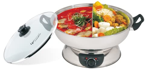 LP Living Plus Hot Pot divisore elettrico doppio lato Shabu Shabu con bruciatore e coperchio in vetro, 5.0L, in acciaio inossidabile con multi controllo