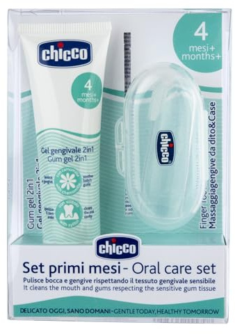 Chicco Set Primi Mesi, Gel Gengivale e Massaggiagengive da Dito con Astuccio, Setole Morbide per Massaggiare Delicatamente Le Gengive Arrossate e i Primi Dentini, Azione Igienizzante e Lenitiva, 4m+