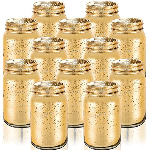 12 Pcs Decorative Mason Jars 16oz Painted Wide Mason Jars for Table Centerpiece DIY Home Decoration Birthday Housewarming Party Wedding Favor(Gold)
