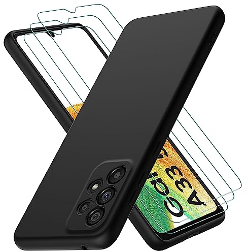 Oureidoo Cover per Samsung Galaxy A33 5G con 3 Pezzi Pellicola Vetro Temperato, Custodia in Morbida Silicone Liquido, Sottile e Antiurto con Rivestimento in Microfibra AntiGraffio, Nero