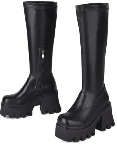 WUDPUNDR Knee High Platform Boots for Women Chunky Heel Round Toe Artificial Stretch Leather High Heeled Knee Tall Boots Black Size 8.5 Not for Wide Calf