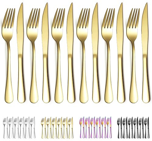 Evanda Gold bestickset för steak 12 delar, guld titanbelagt rostfritt stål 6 middagsgafflar och 6 middagsknivar, steakknivar steakgafflar, diskmaskinssäkert