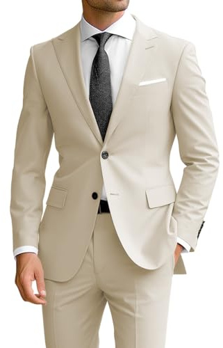 Wangyue Men's 2 Piece Suit Slim Fit Suits for Men Two Button Blazer Formal Business Jacket Suit for Wedding Prom Dinner, Beige, XL