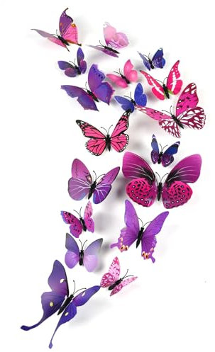 PLULON 48 Stück 3D-Schmetterlings-Wandaufkleber, Schlafzimmer-Zubehör für Kinder und Mädchen, DIY-Schmetterlinge, Dekorationen für Zuhause, Zimmer, Garten (lila)