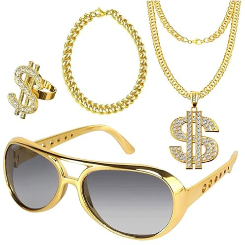Dollar Hip Hop Set - Halljacka Kostym, Dollar Tecken Halsband, Ringar, Solglasögon, Guldkedja, Hiphop Smycken för 80s/90-talet Män Karneval Fest, En Storlek