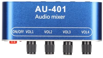Mini Stereo Audio Mixer, 4 Canalis Aud Mixer 4 Ingressi e 1 Uscita, DC 5V-12V Noise Cancelling Mixer Amplificato per Piccoli Club O Bar, Chitarre, Bassi, Tastiere, Altoparlante, Cuffie