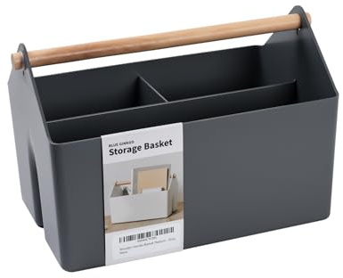 BLUE GINKGO Mittelgroße Aufbewahrungskiste – Kunststoff-Caddy mit Holzgriff für Büro, Bastelbedarf oder Haushaltsartikel (Grau)