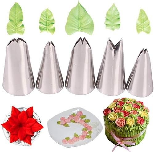 Rosojodg 5 Stück silberne Russian Icing Piping Nozzles Leaf Writing Tips Set Edelstahl Cake Decorating Kit DIY Dekoration Tool für Baking Cakes Cookies Sugarcraft Piping Nozzles